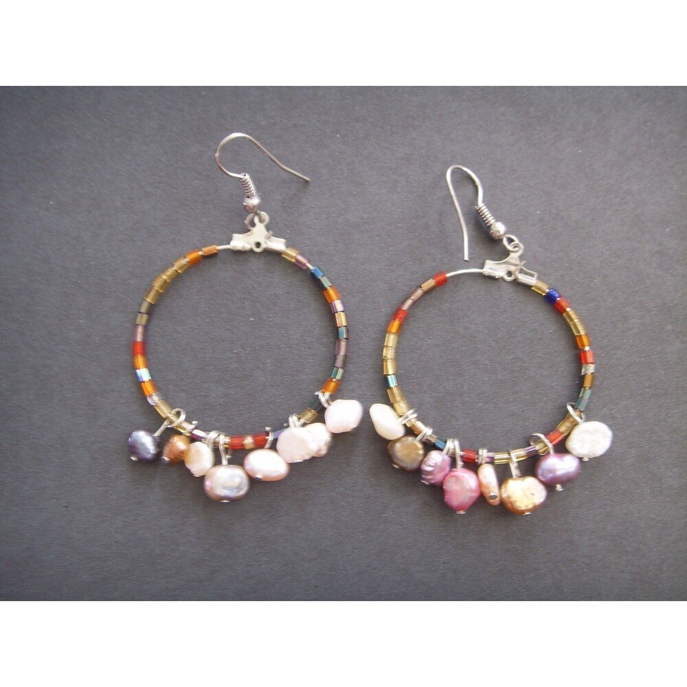 Hand Made Natural Pearls Dangle Hoop Earrings Multi-colored Beach Mermaid Boho